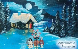 Obrázok detí a zimnej krajinky, ilustrácia z pozvánky na výstavu