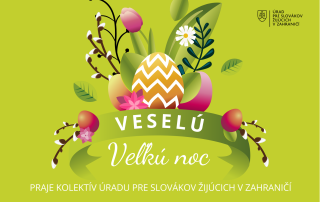 Veľkonočné prianie_ÚSŽZ - kraslice, bahniatka a tulipány na zelenom pozadí